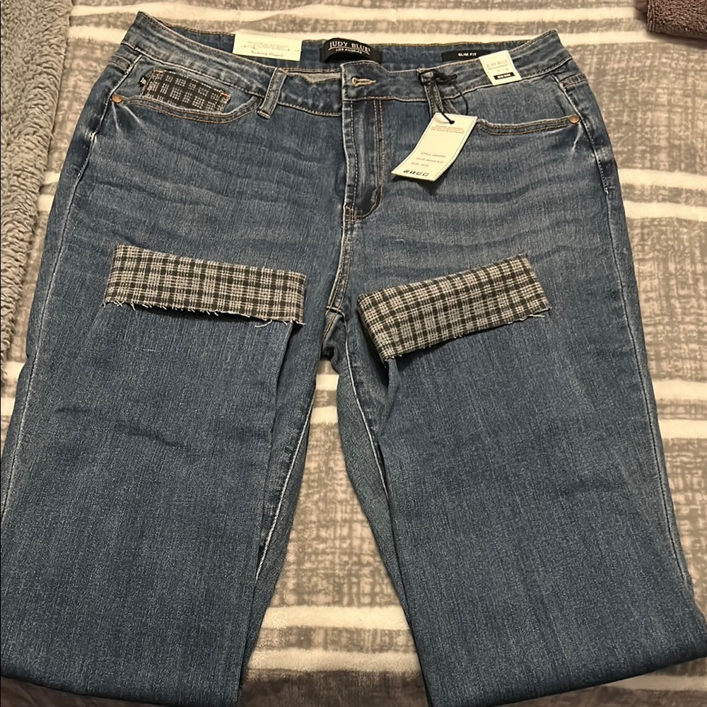 Judy Blue Blue Plaid Patch Ankle Jeans